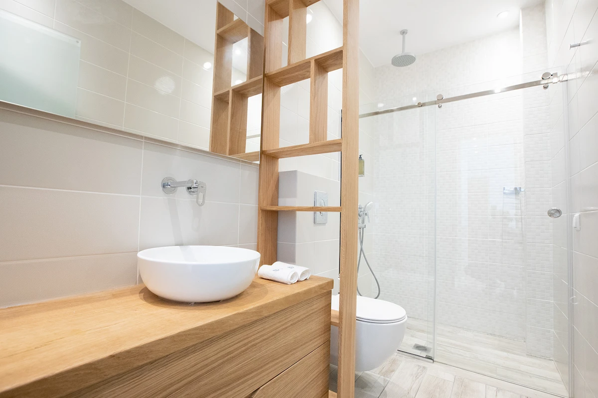 Modern apartment bathroom at Suites Sole boutique hotel, Keramoti Greece