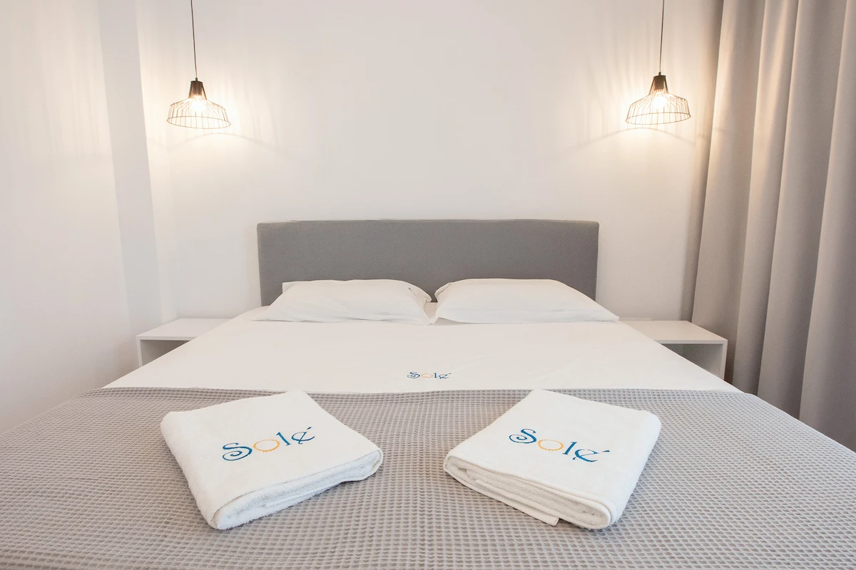 Apartment bedroom with quality COCO-MAT bed at Suites Sole, Keramoti Greece